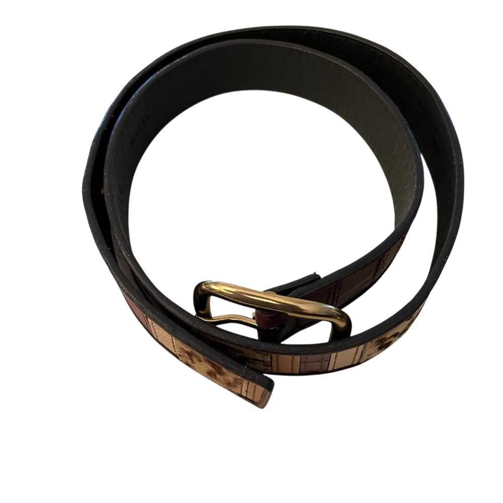 Fossil Brown and Black animal print leather belt brass hardware - Picture 4 of 7